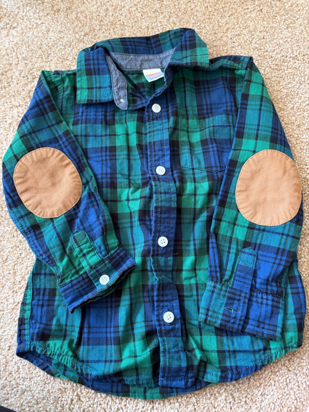 Gymboree Green and Blue Plaid Button-Down Shirt with Tan Elbow Patches
